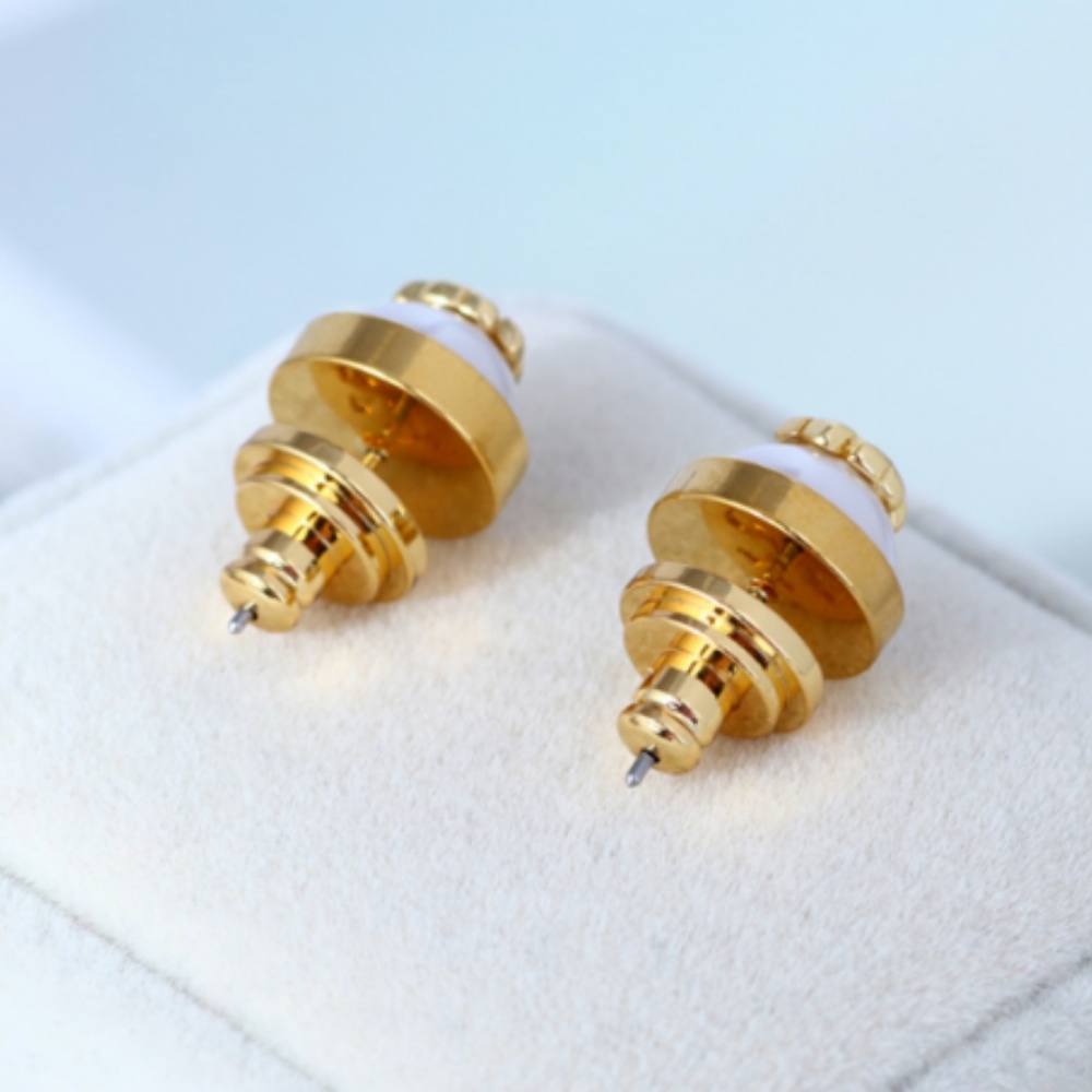 Tory Burch Gold Stud T Logo White Pearl Earrings - Picture 5 of 5